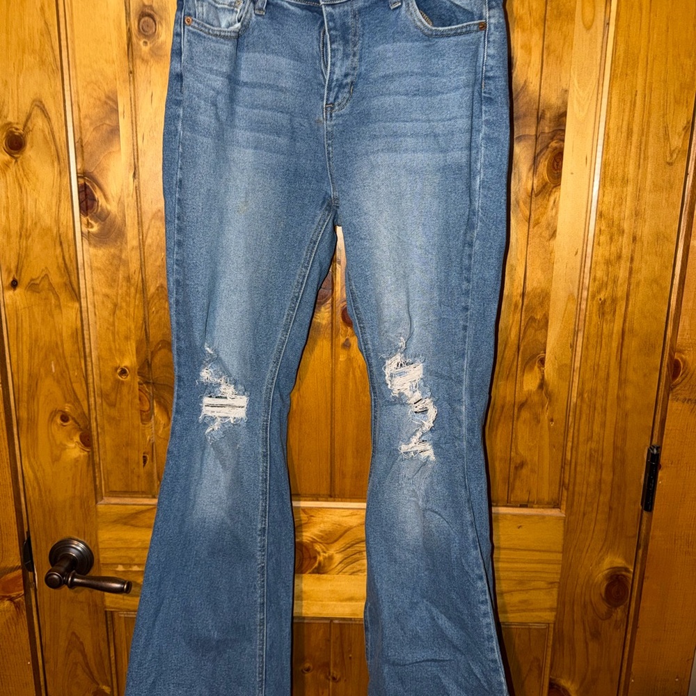 Cello Blue Distressed Flare Jeans